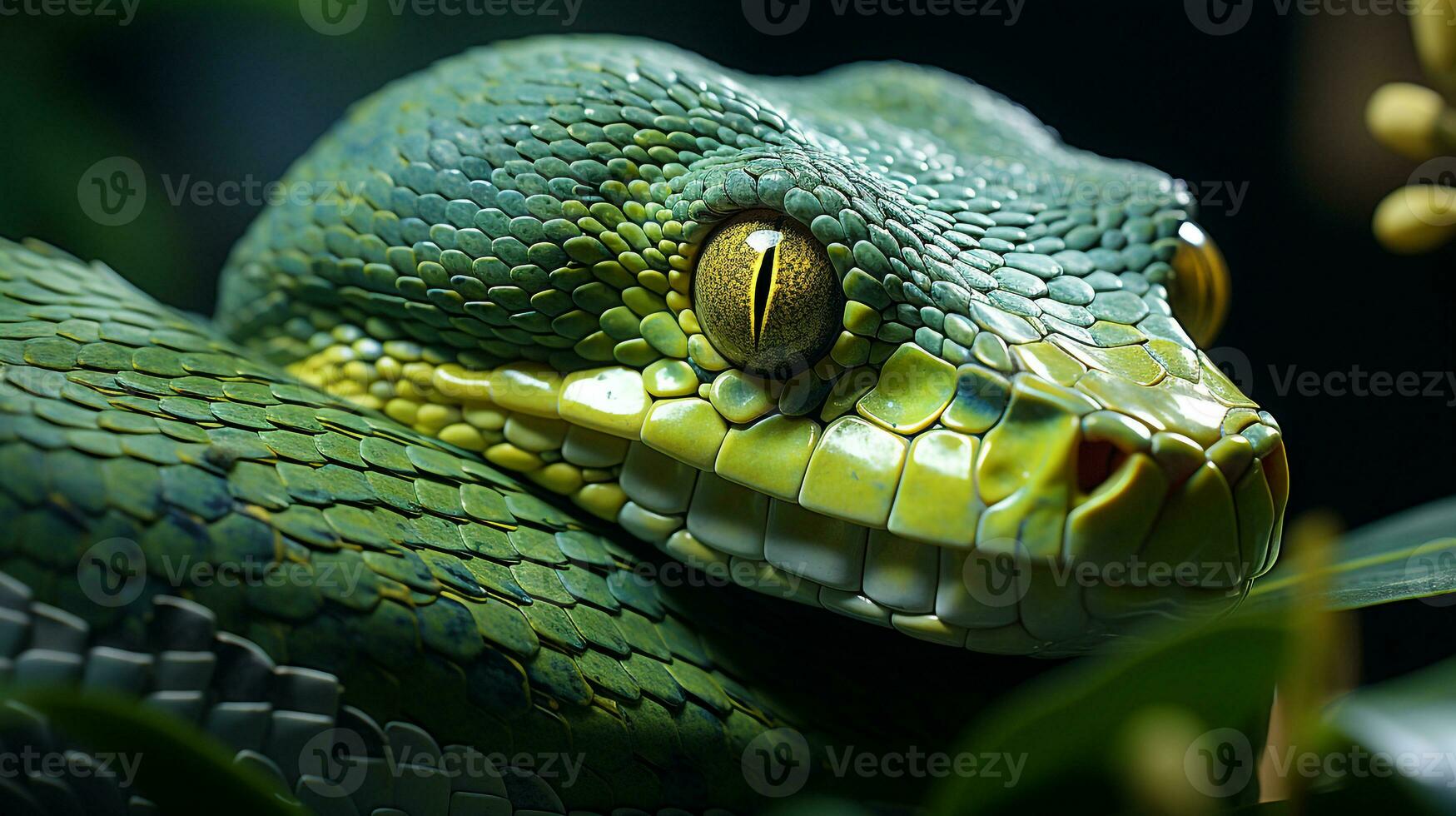 Close-up photo of a Green Tree Python looking in their habitat. Generative AI