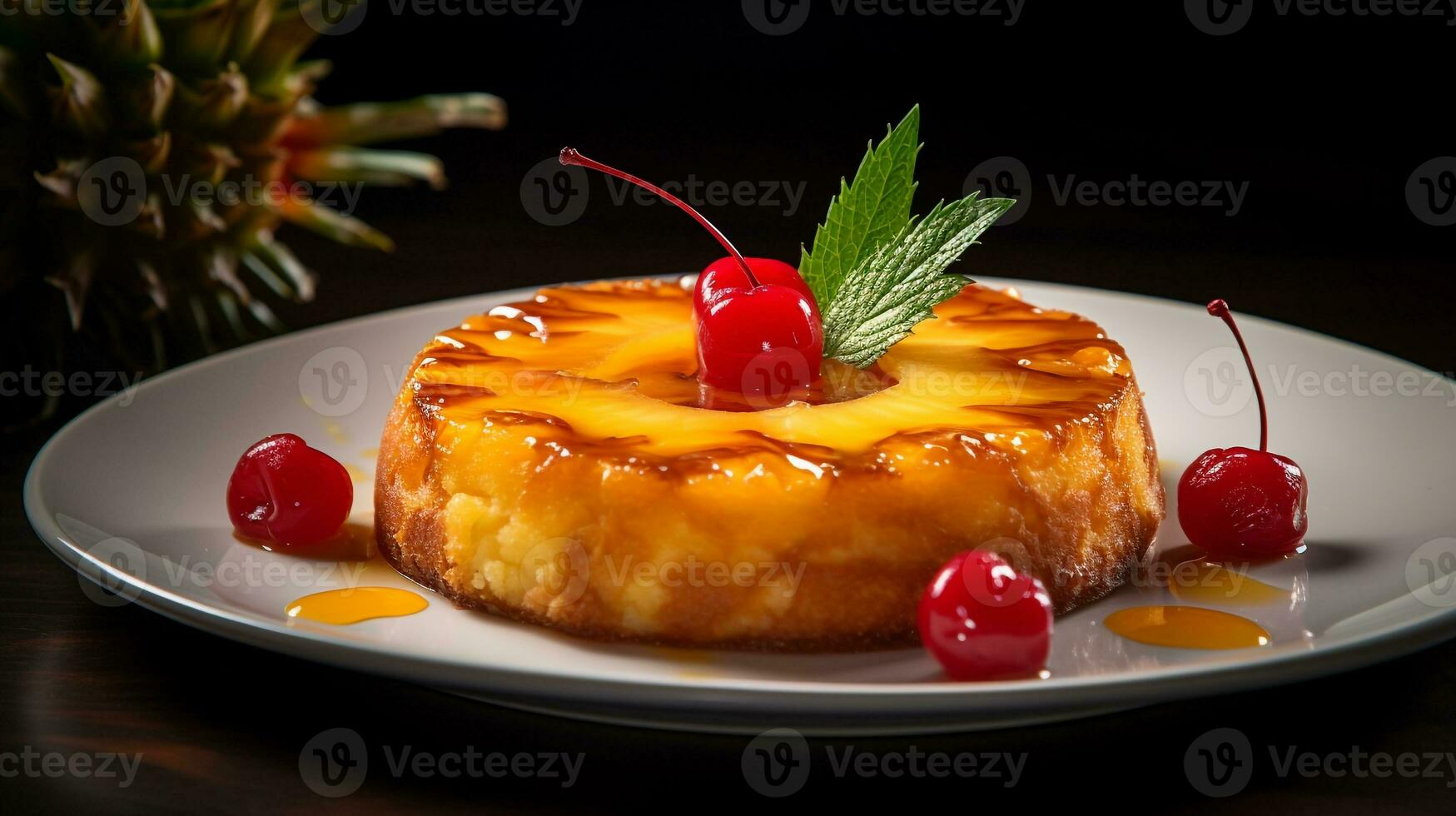 Photo of Pineapple Upside-Down Cake as a dish in a high-end restaurant. Generative AI