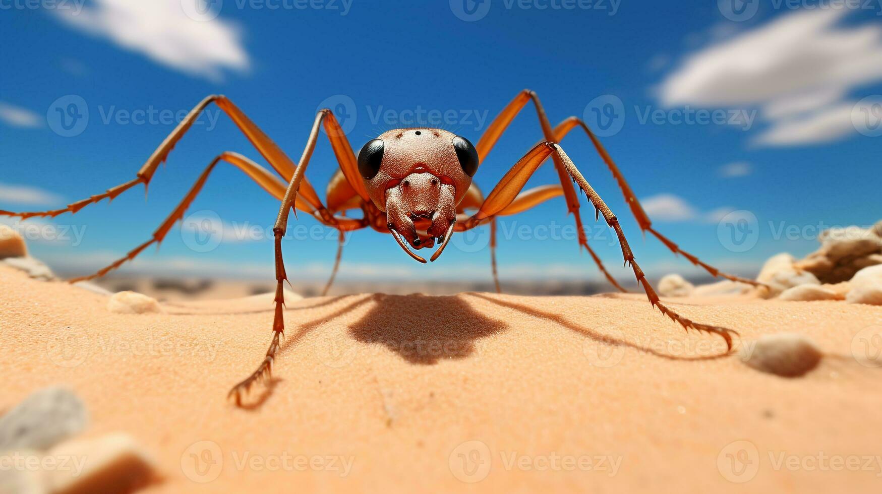 Photo of a Sahara Desert Ant in a Desert with blue sky. Generative AI