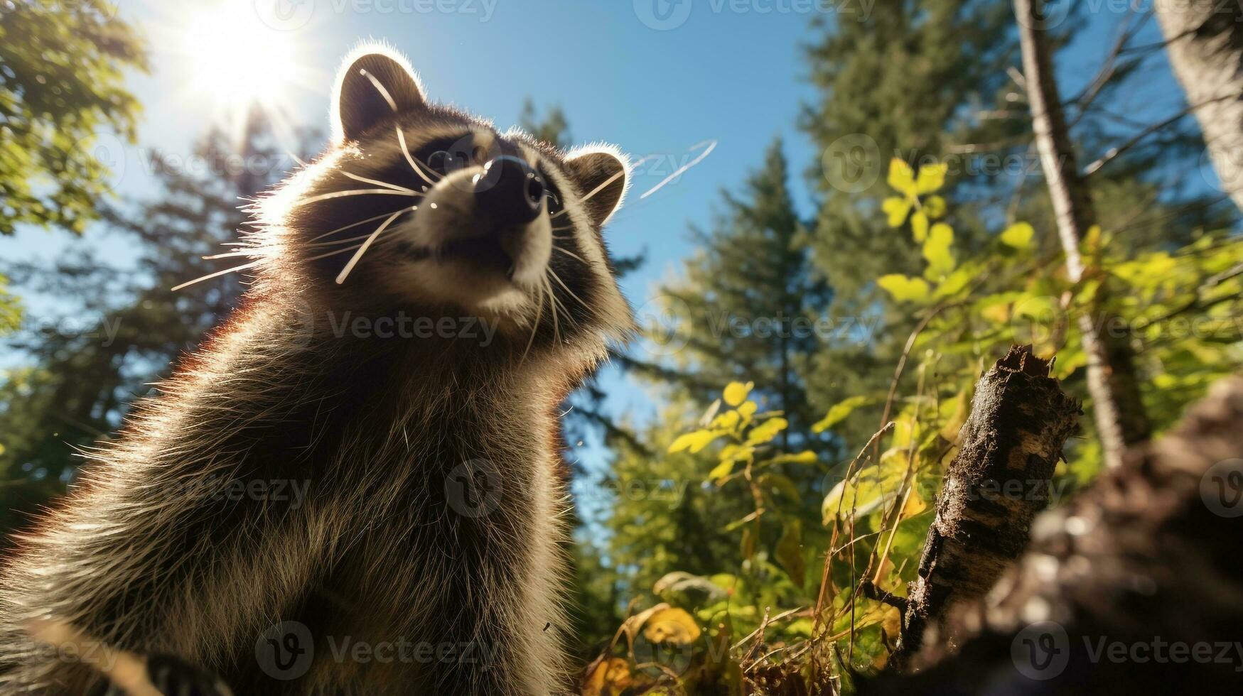 Photo of Raccoon in ther forest with blue sky. Generative AI