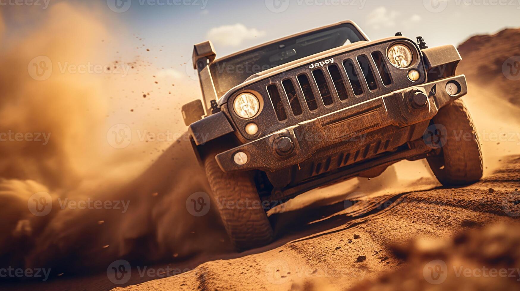 Photo of jeep driving in the desert. Generative AI