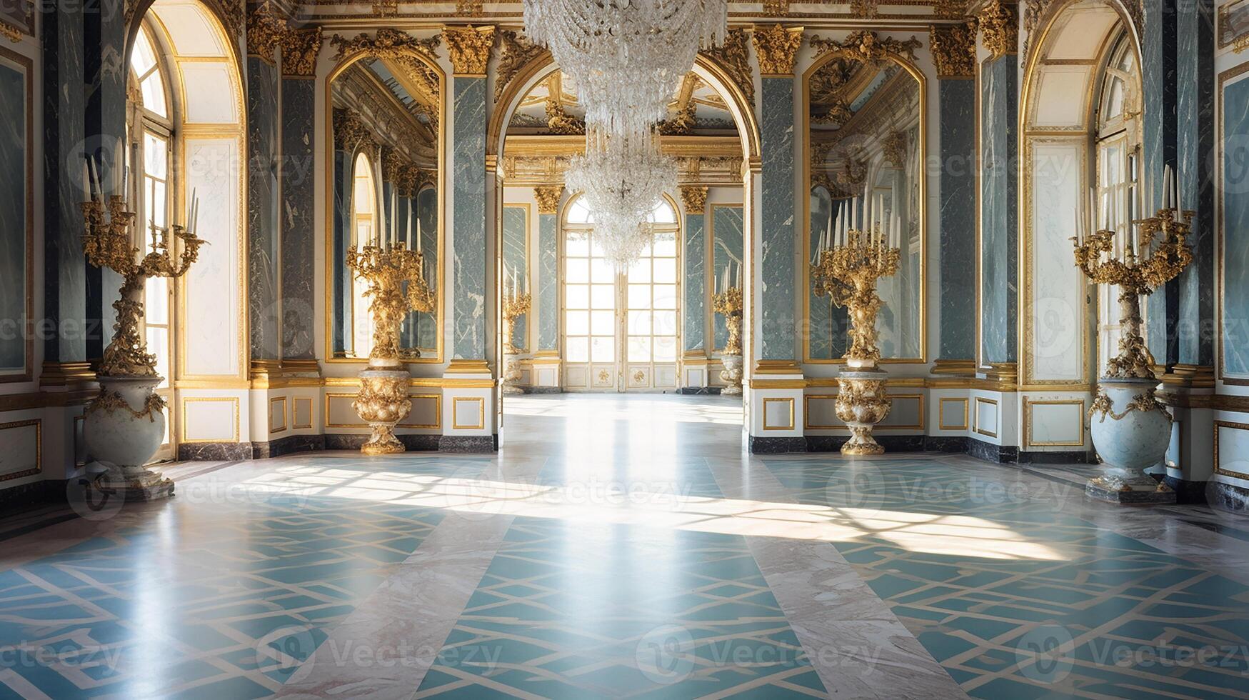 Photo of the room featuring the interior design of the Palace of Versaille, France. Generative AI