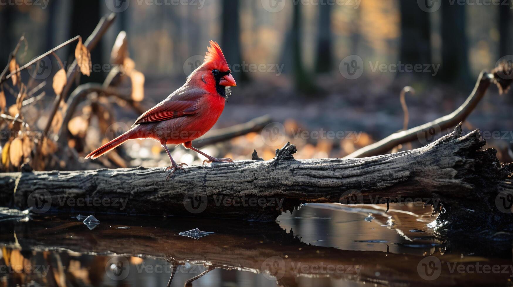 Photo of a Northern Cardinal standing on a fallen tree branch at morning. Generative AI