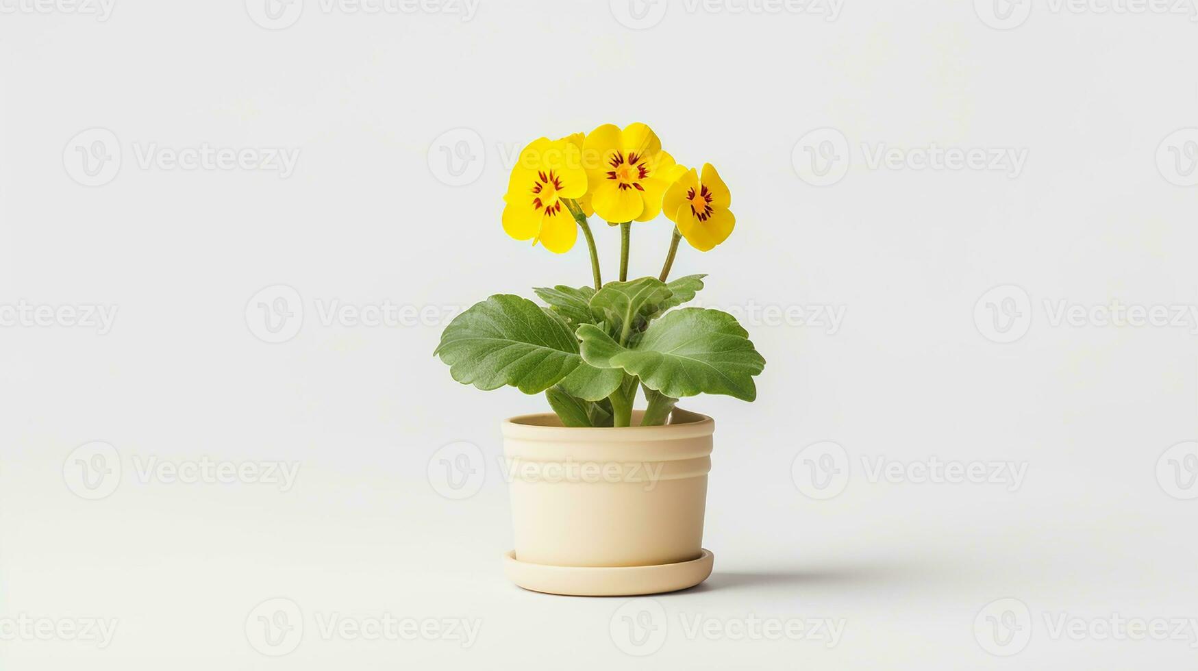 Photo of Primrose flower in pot isolated on white background. Generative AI