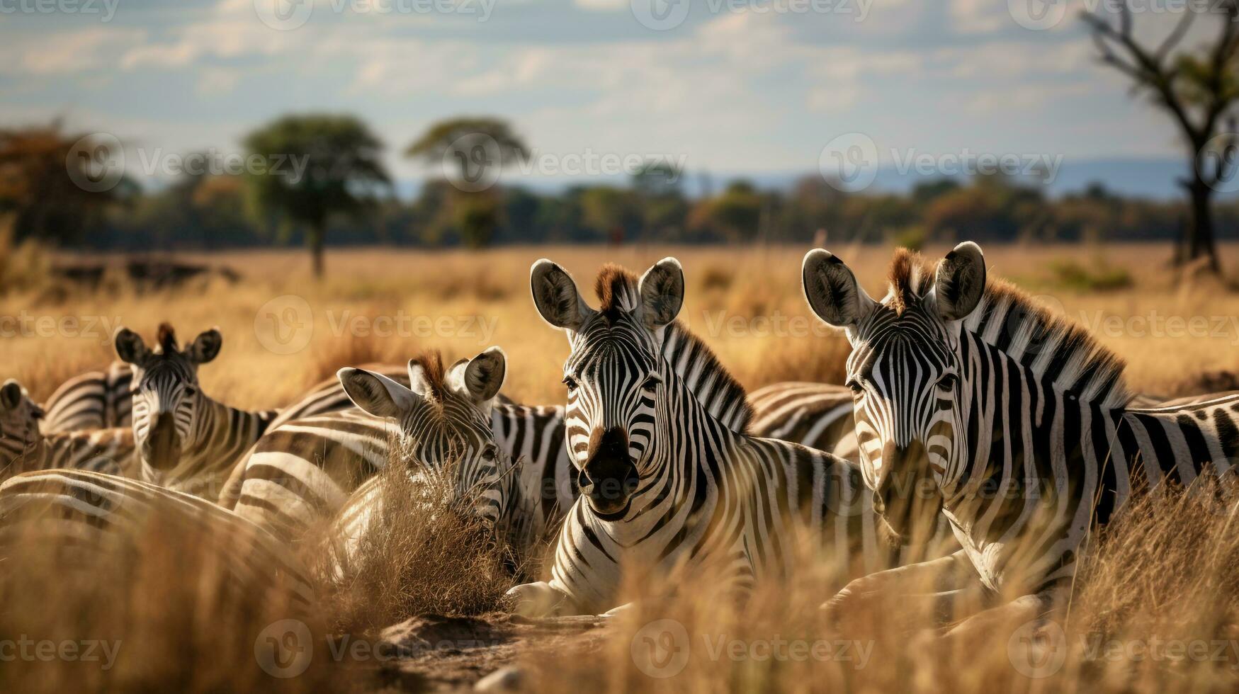 Photo of a herd of Zebra resting in an open area on the Savanna. Generative AI
