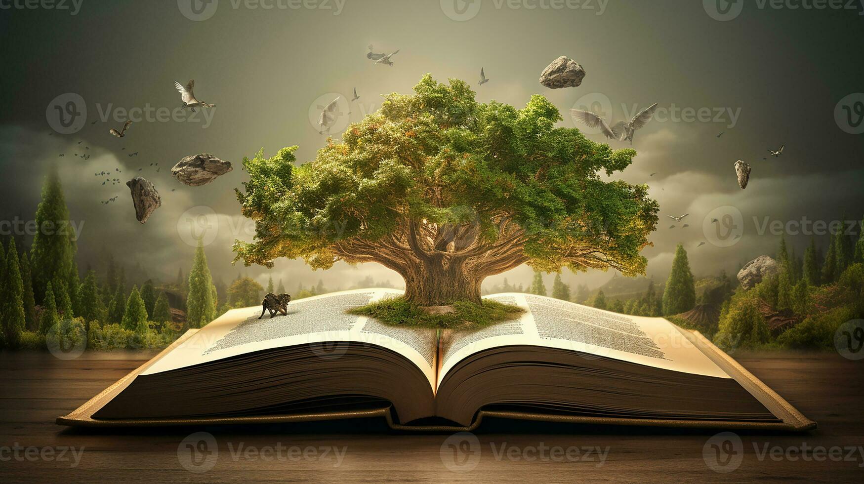 Mystical forest. Opened book with magic tree on dark background. Generative AI photo