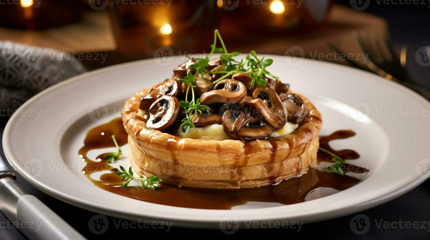 foto de seta y castaña tarta como un plato en un gama alta restaurante. generativo ai