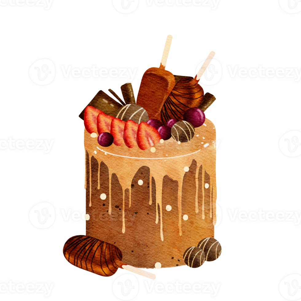Chocolate cake with ice cream, strawberries topping watercolor illustration png