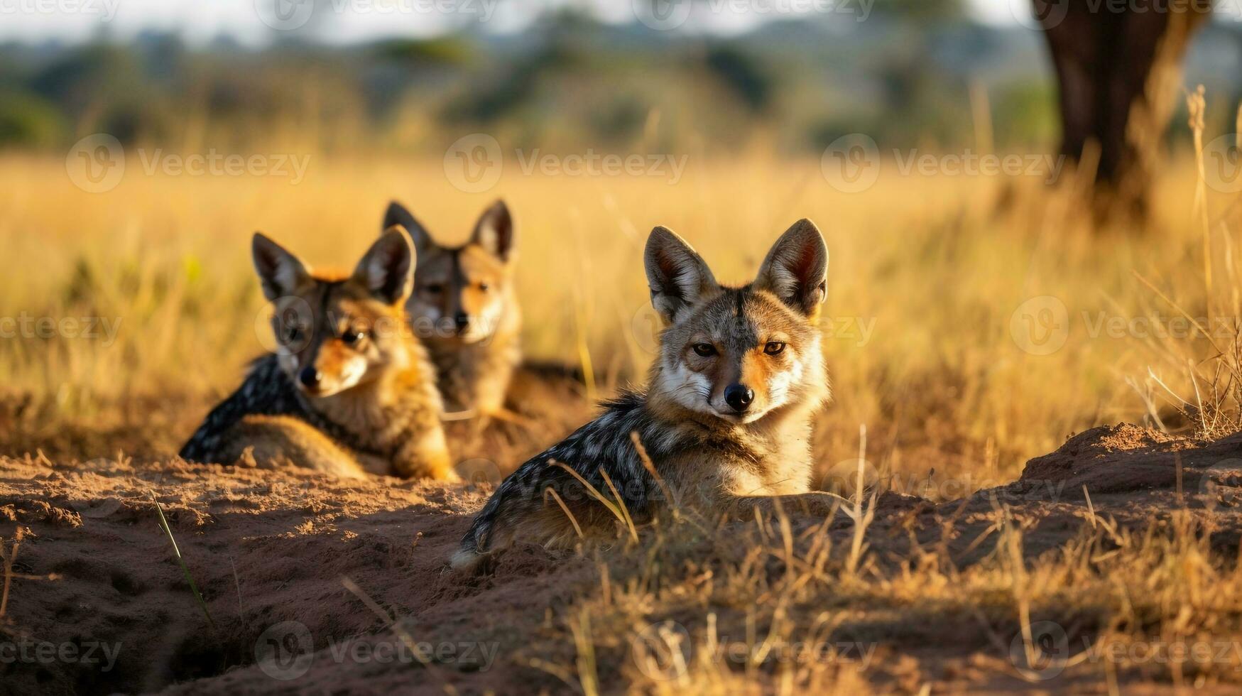 Photo of a herd of Jackal resting in an open area on the Savanna. Generative AI
