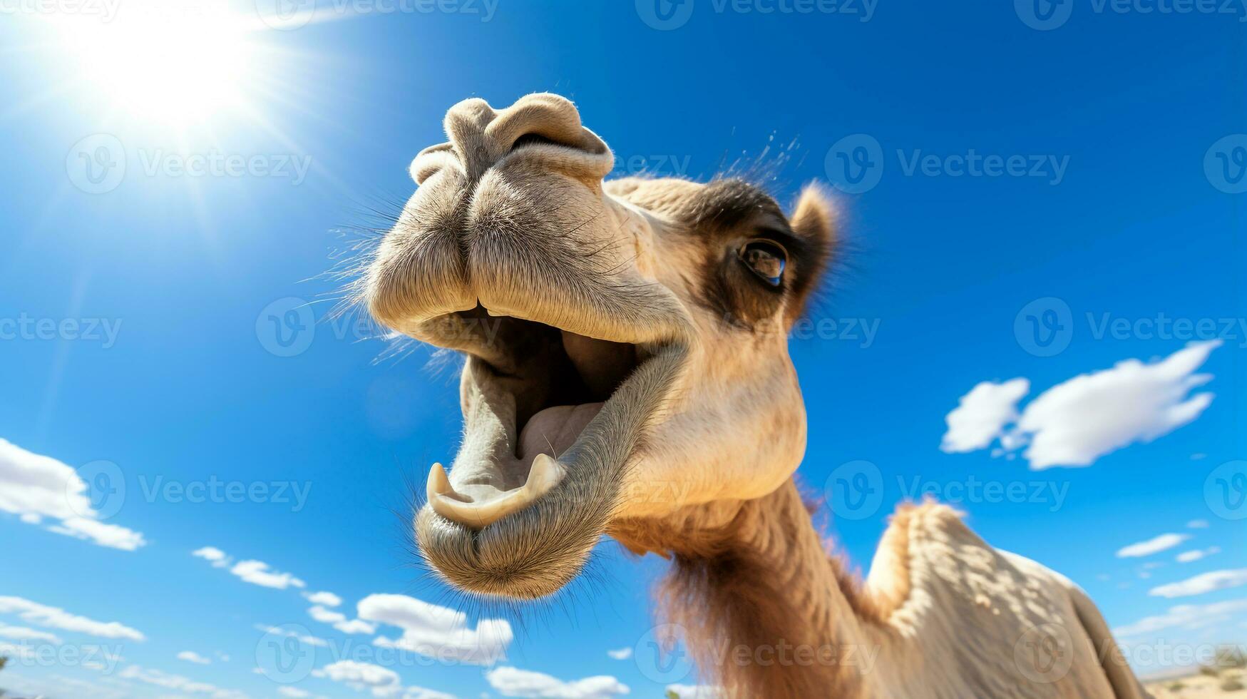 Photo of a Camel in a Desert with blue sky. Generative AI