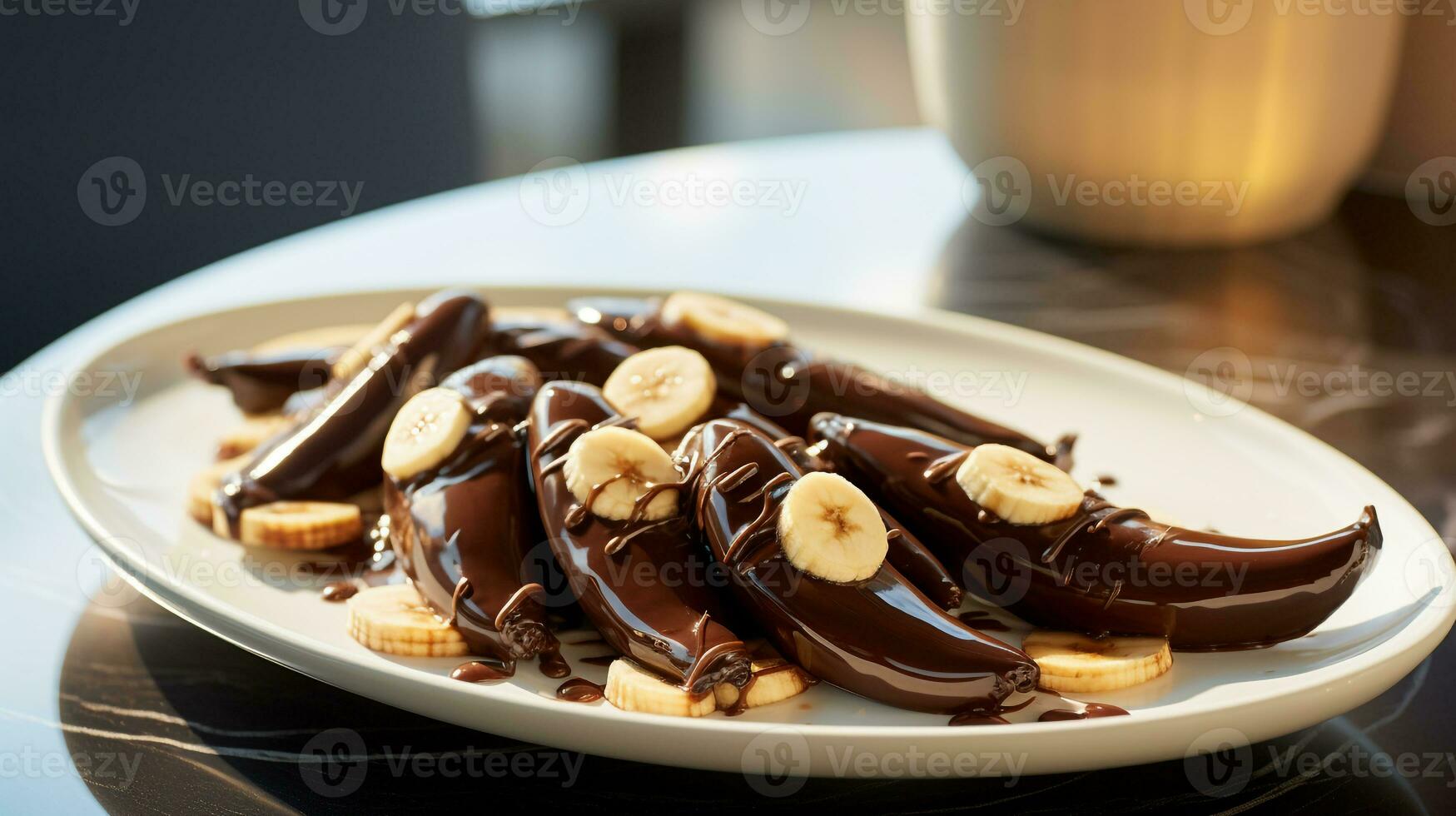 foto de chocolate sumergido bananas como un plato en un gama alta restaurante. generativo ai