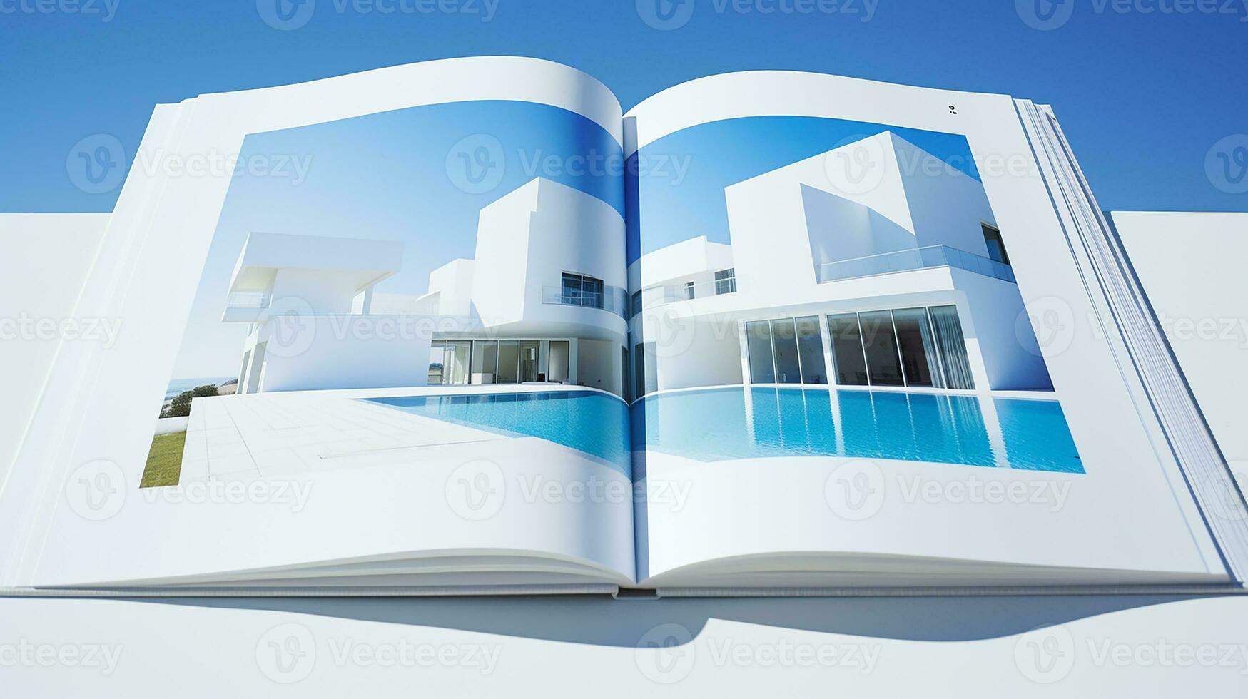 Open magazine with modern and minimalist building and blue sky. 3d rendering. photo