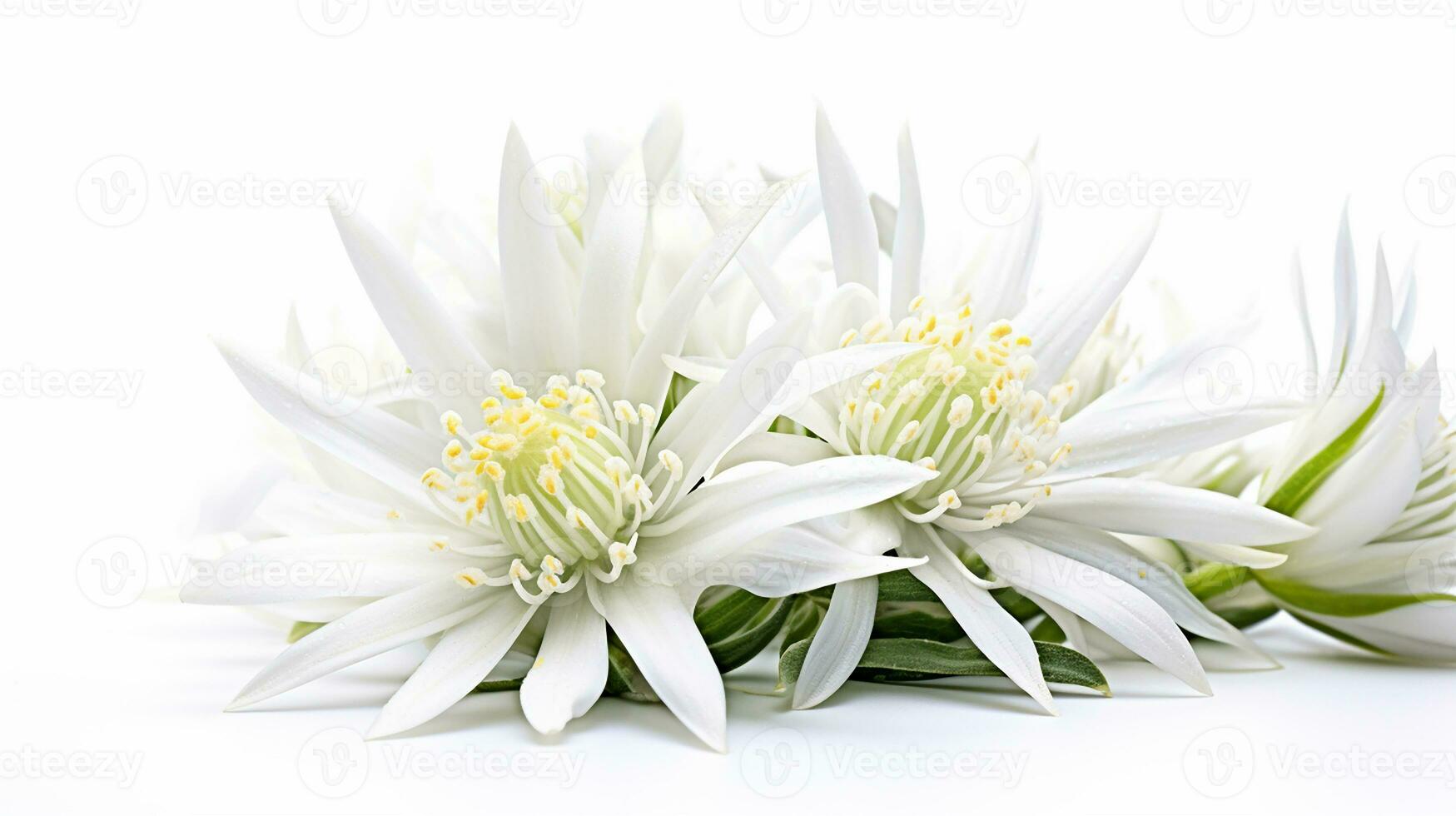 Photo of beautiful Edelweiss flower isolated on white background. Generative AI