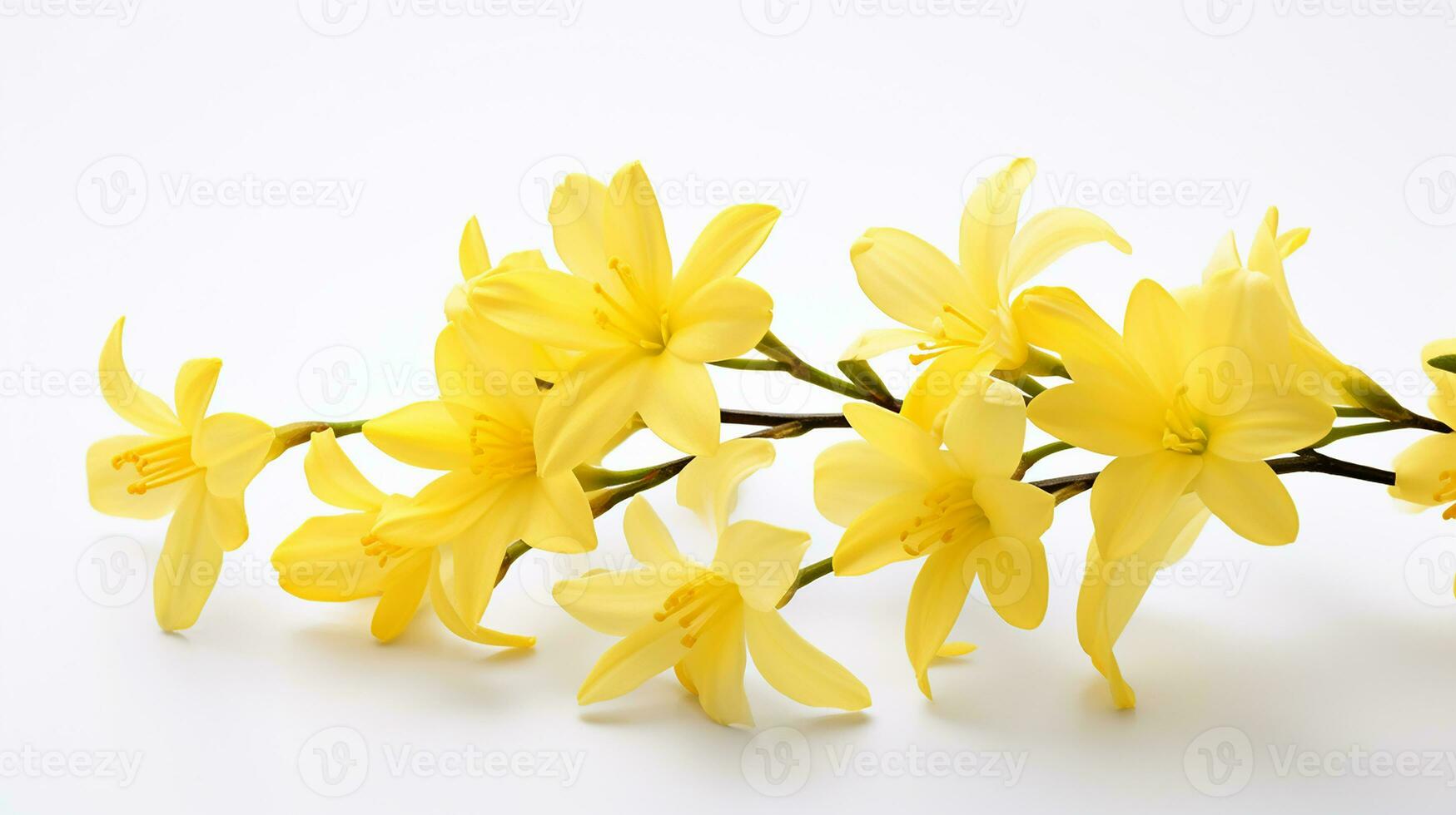 Photo of beautiful Winter Jasmine flower isolated on white background. Generative AI