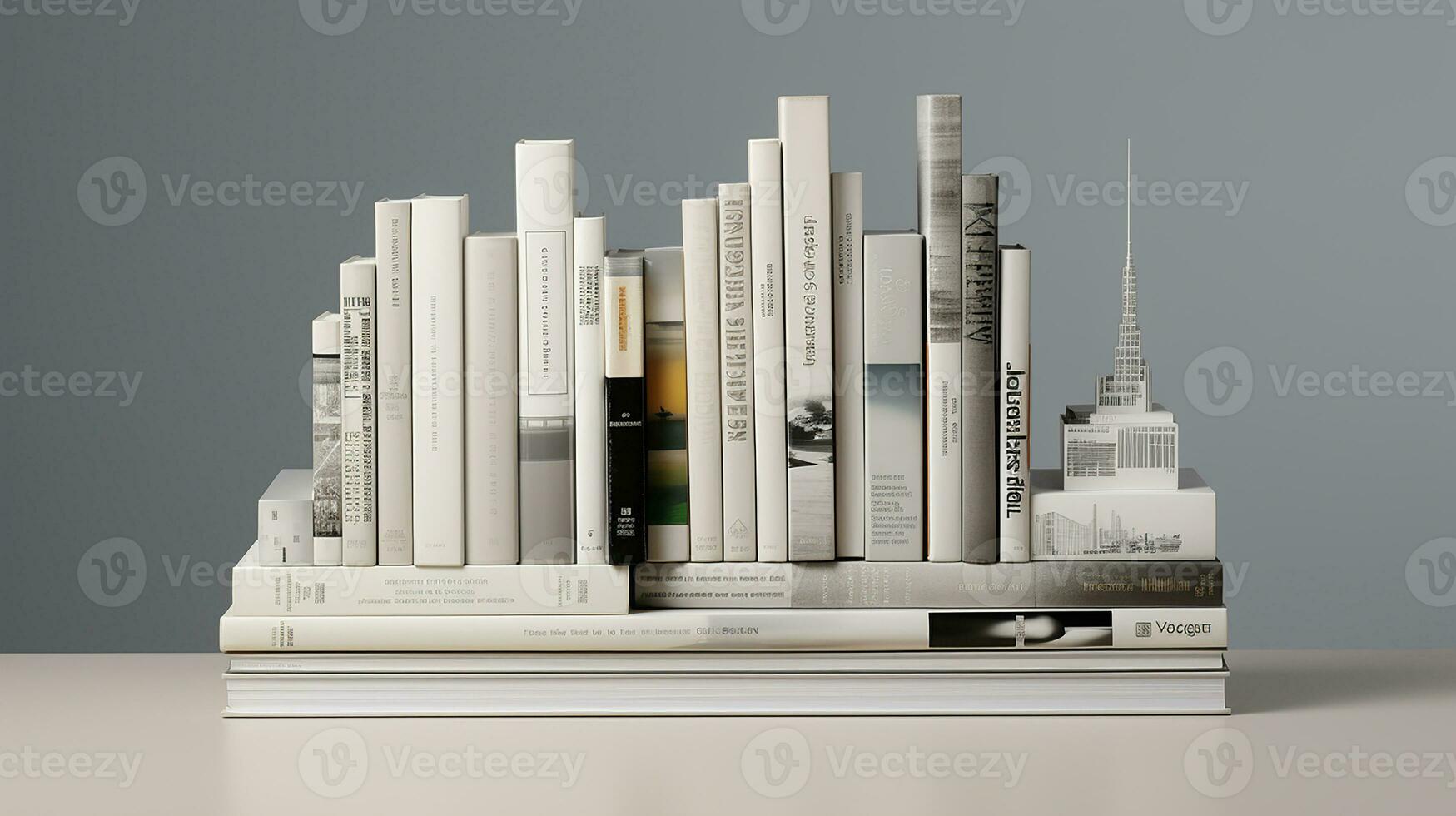 3d rendering of a book shelf with books in front of grey background. Generative AI photo