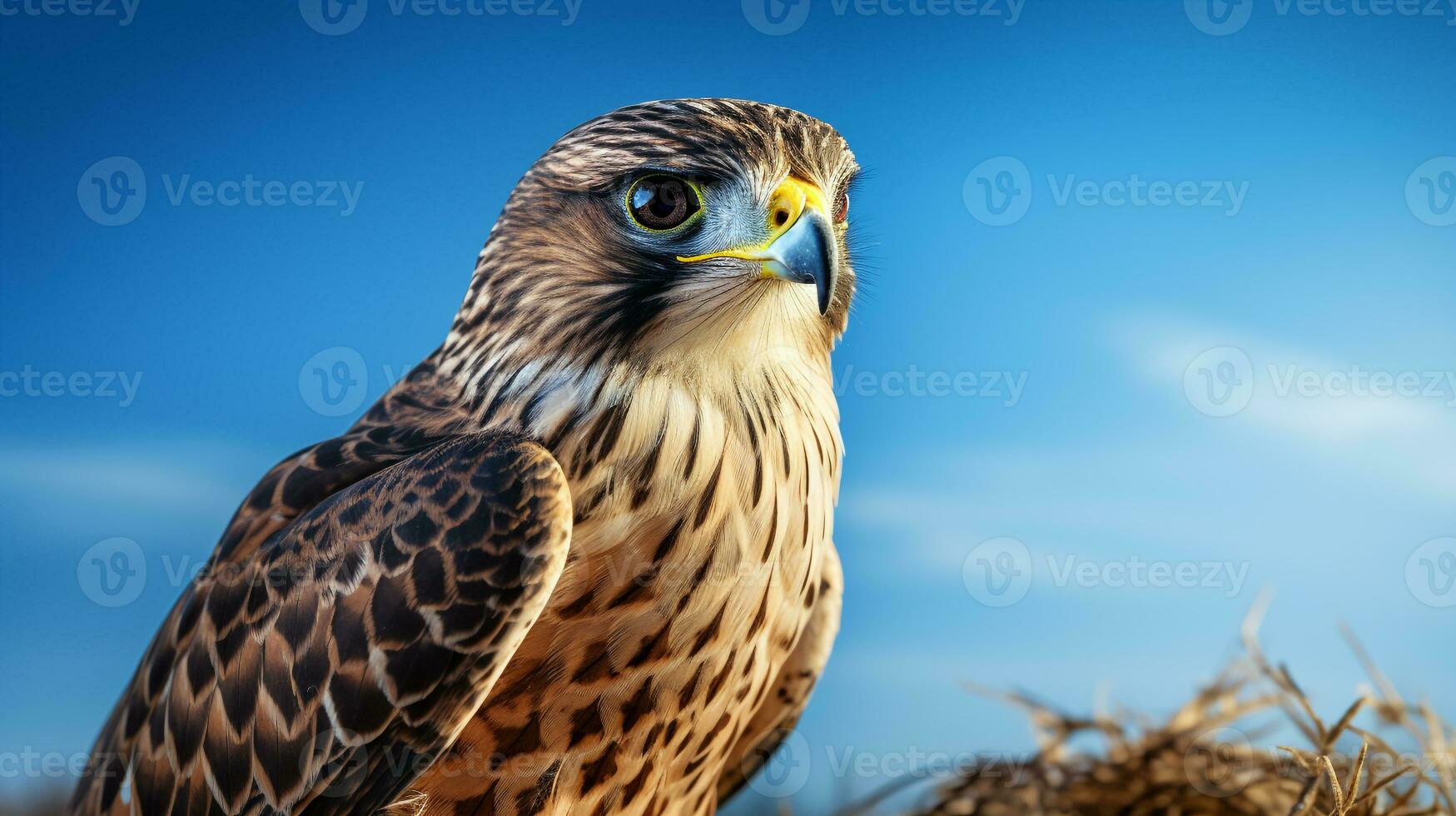 Photo of a Falcon under Blue Sky. Generative AI