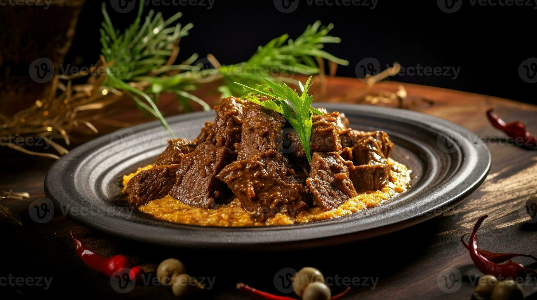 Photo of Beef Rendang as a dish in a high-end restaurant. Generative AI