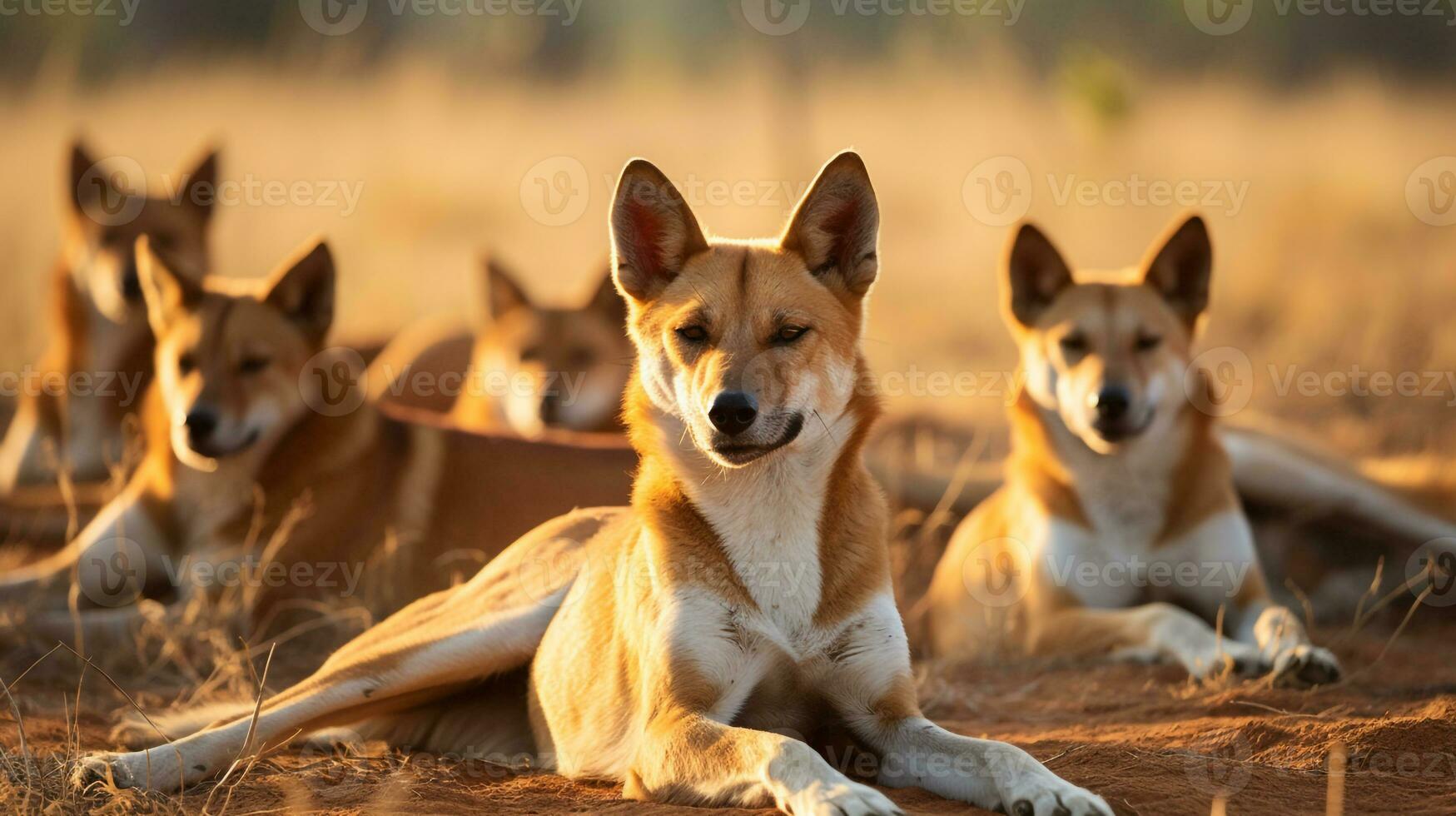 Photo of a herd of Dingo resting in an open area on the Savanna. Generative AI