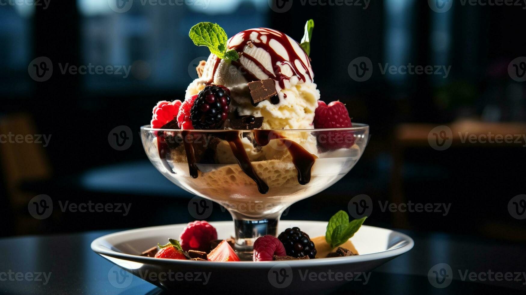 Photo of the elegance of Ice Cream Sundae arranged on a pristine white porcelain plate in a chic dining setting. Generative AI