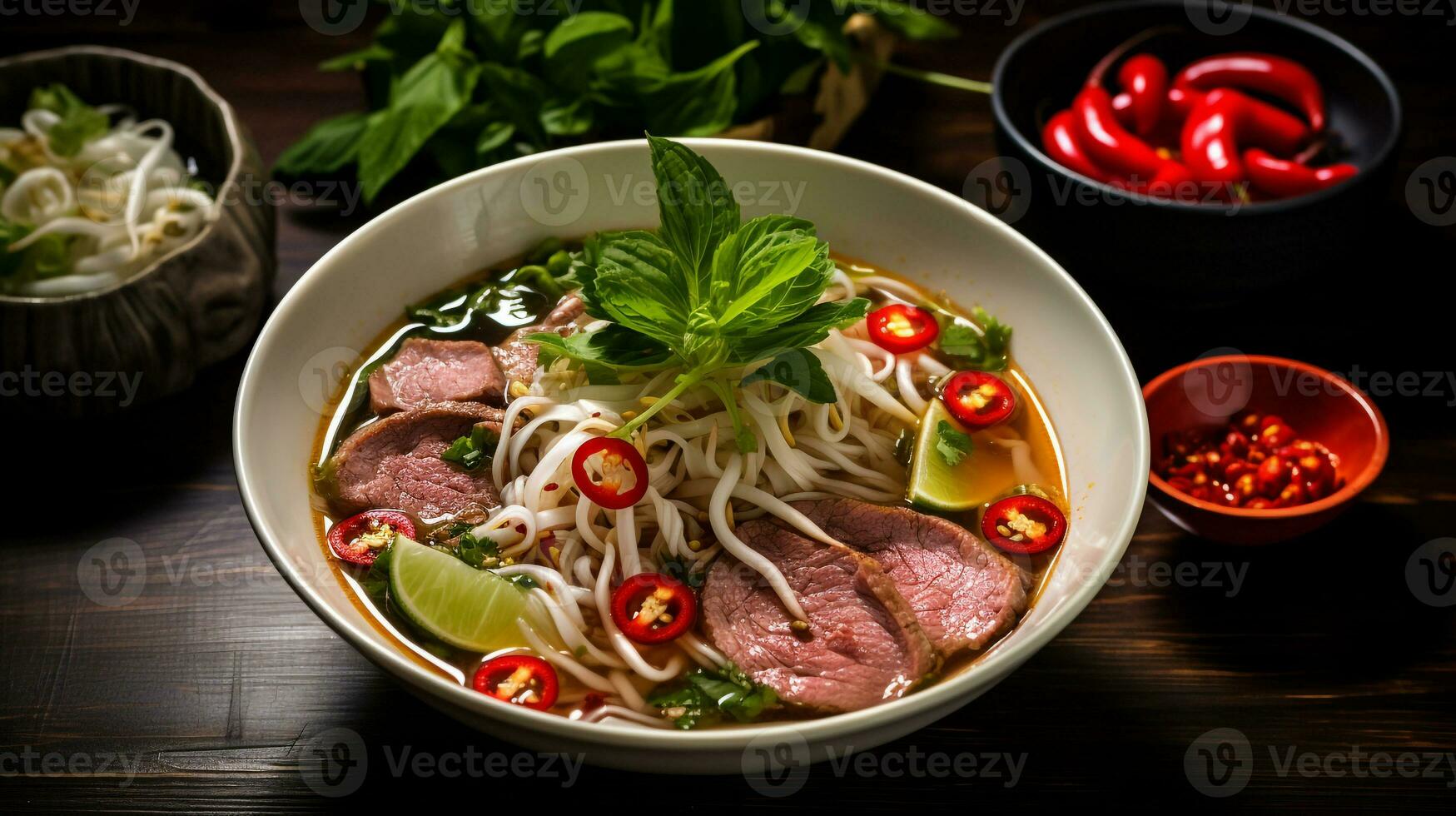 Photo of Pho as a dish in a high-end restaurant. Generative AI