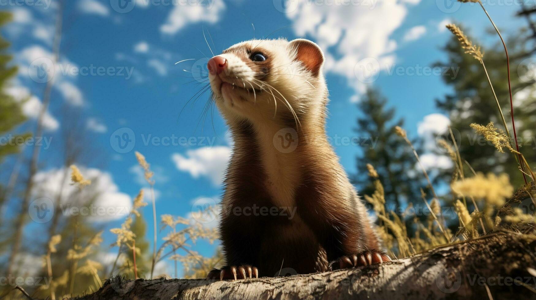 Photo of Ferret in ther forest with blue sky. Generative AI