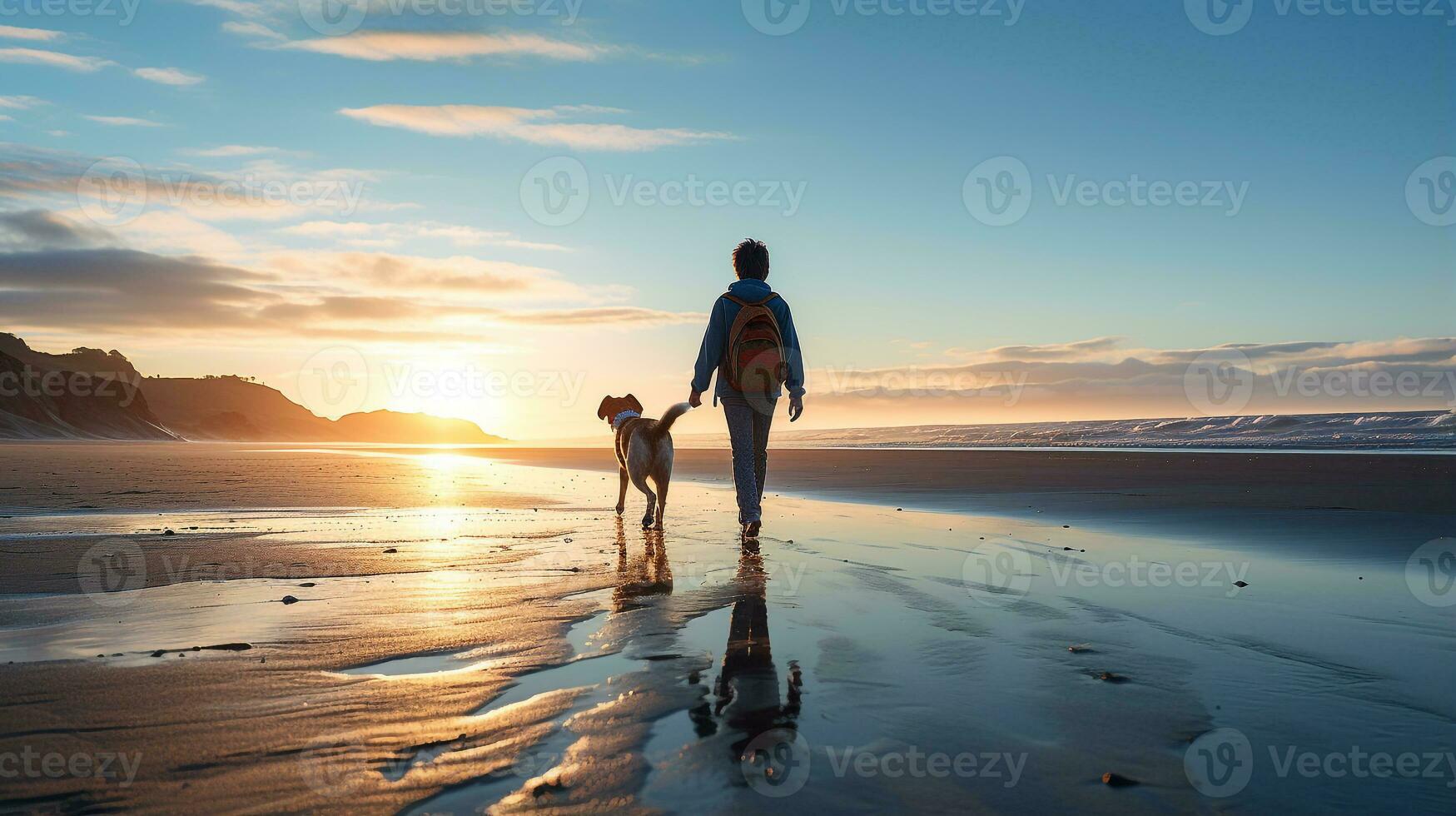 Photo of a boy walking with his pet dog on the beach in the morning. Generative AI