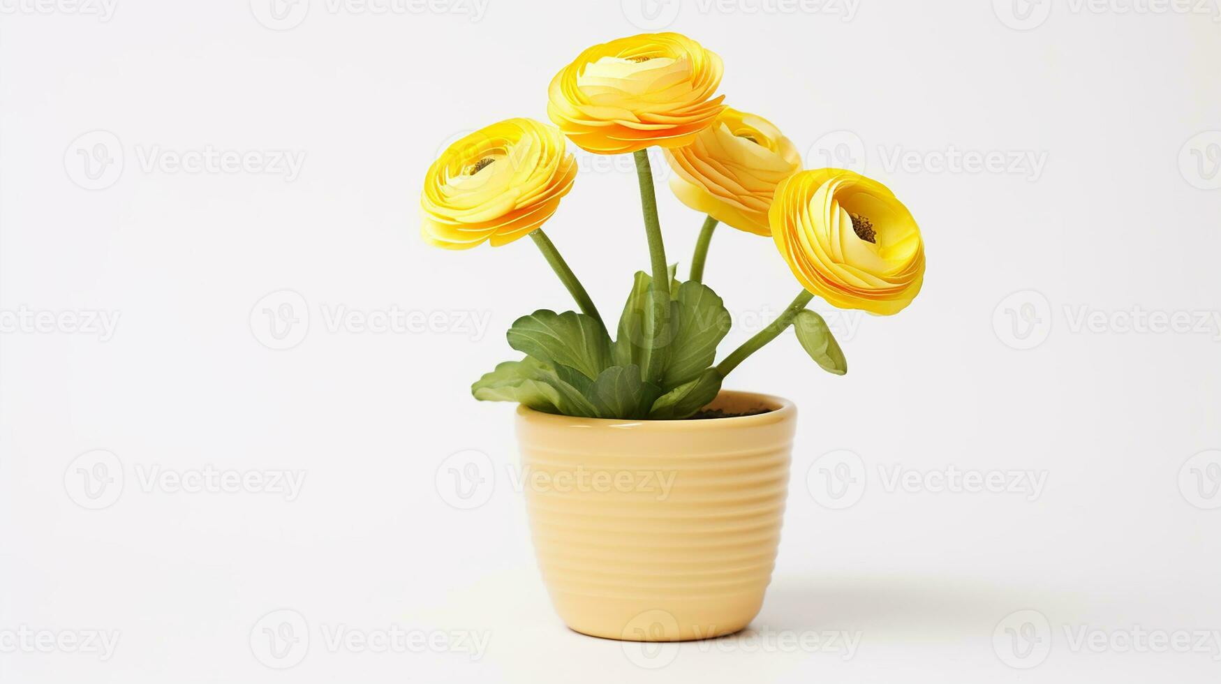 Photo of Ranunculus flower in pot isolated on white background. Generative AI