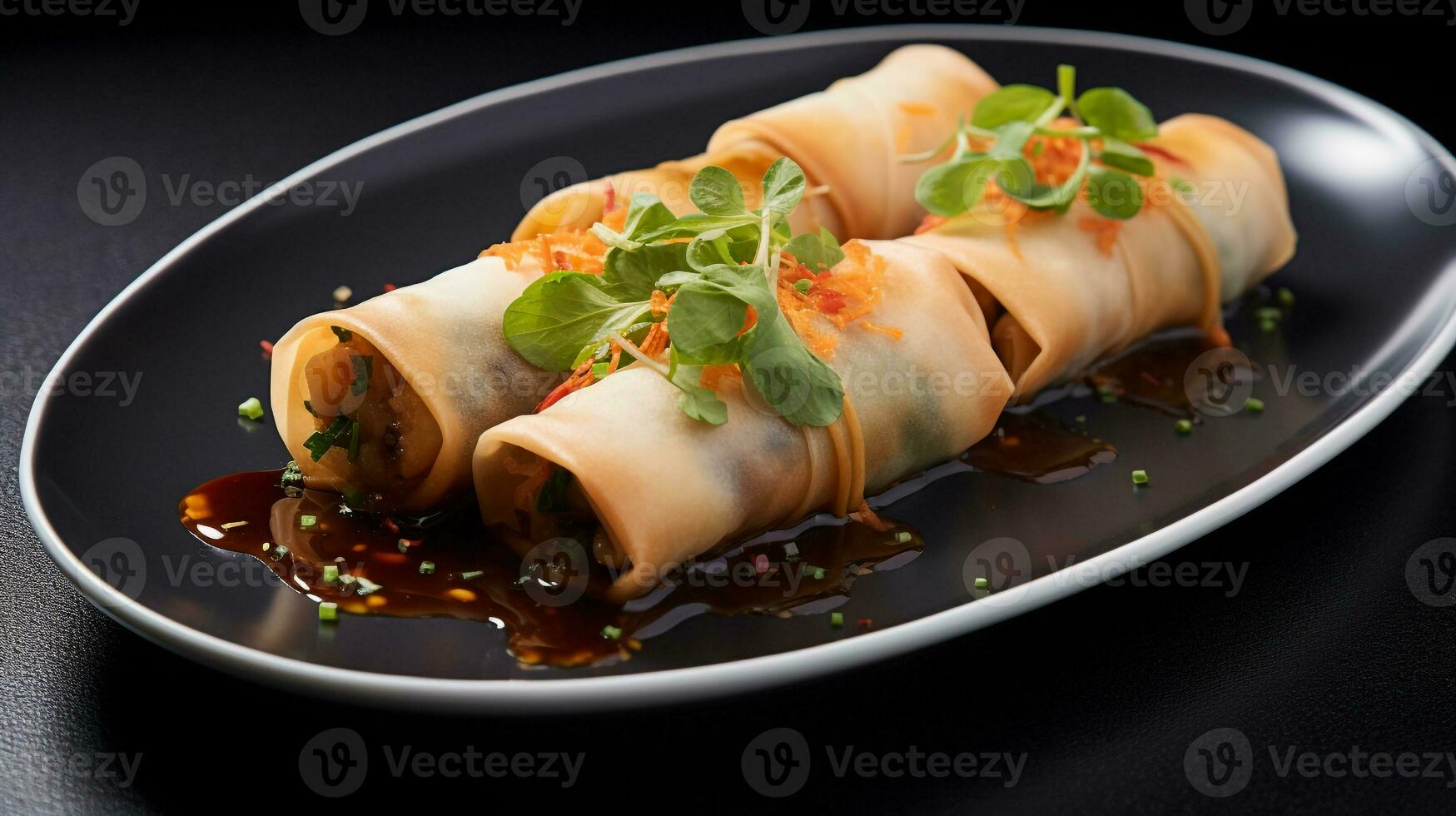 Photo of Vegetarian Spring Rolls as a dish in a high-end restaurant. Generative AI