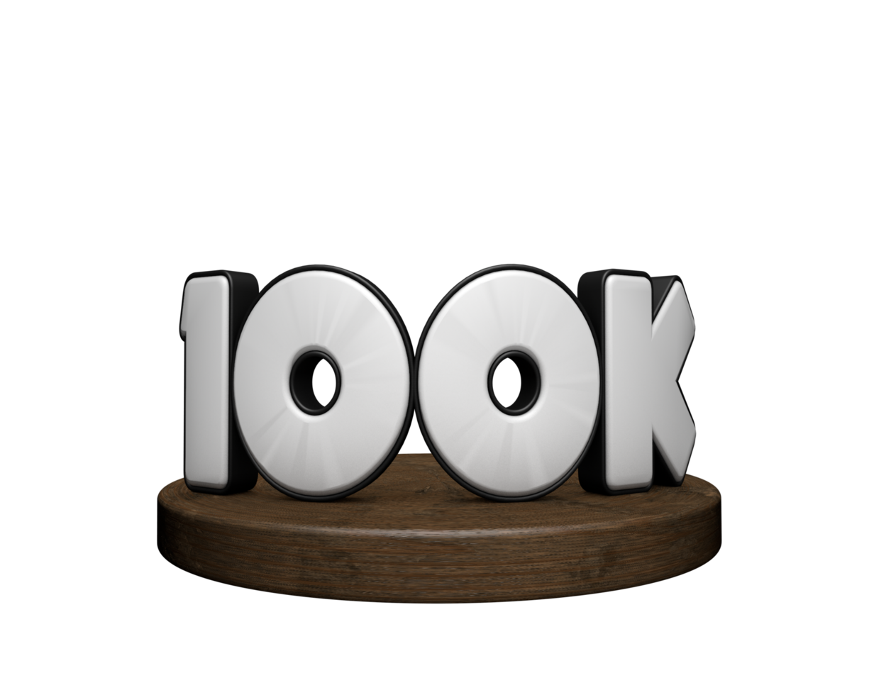 number 100k for social network render on top of wood 3d png