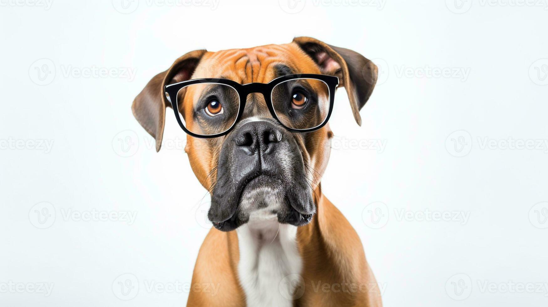 Photo of a Boxer dog using eyeglasses isolated on white background. Generative AI