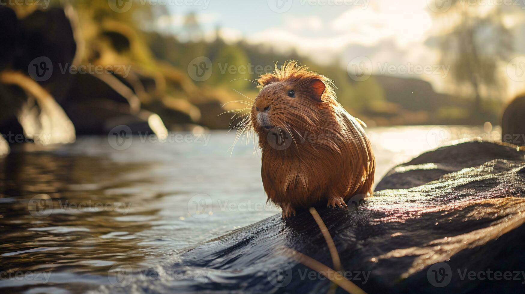 Close-up photo of a Guinea Pig looking in their habitat. Generative AI