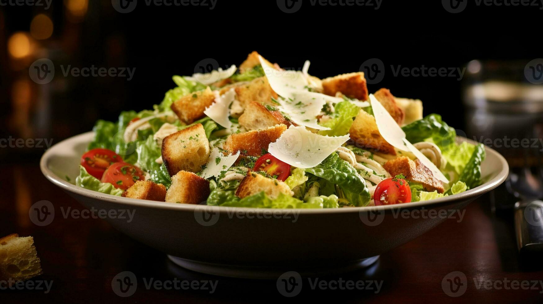 Photo of Caesar Salad as a dish in a high-end restaurant. Generative AI