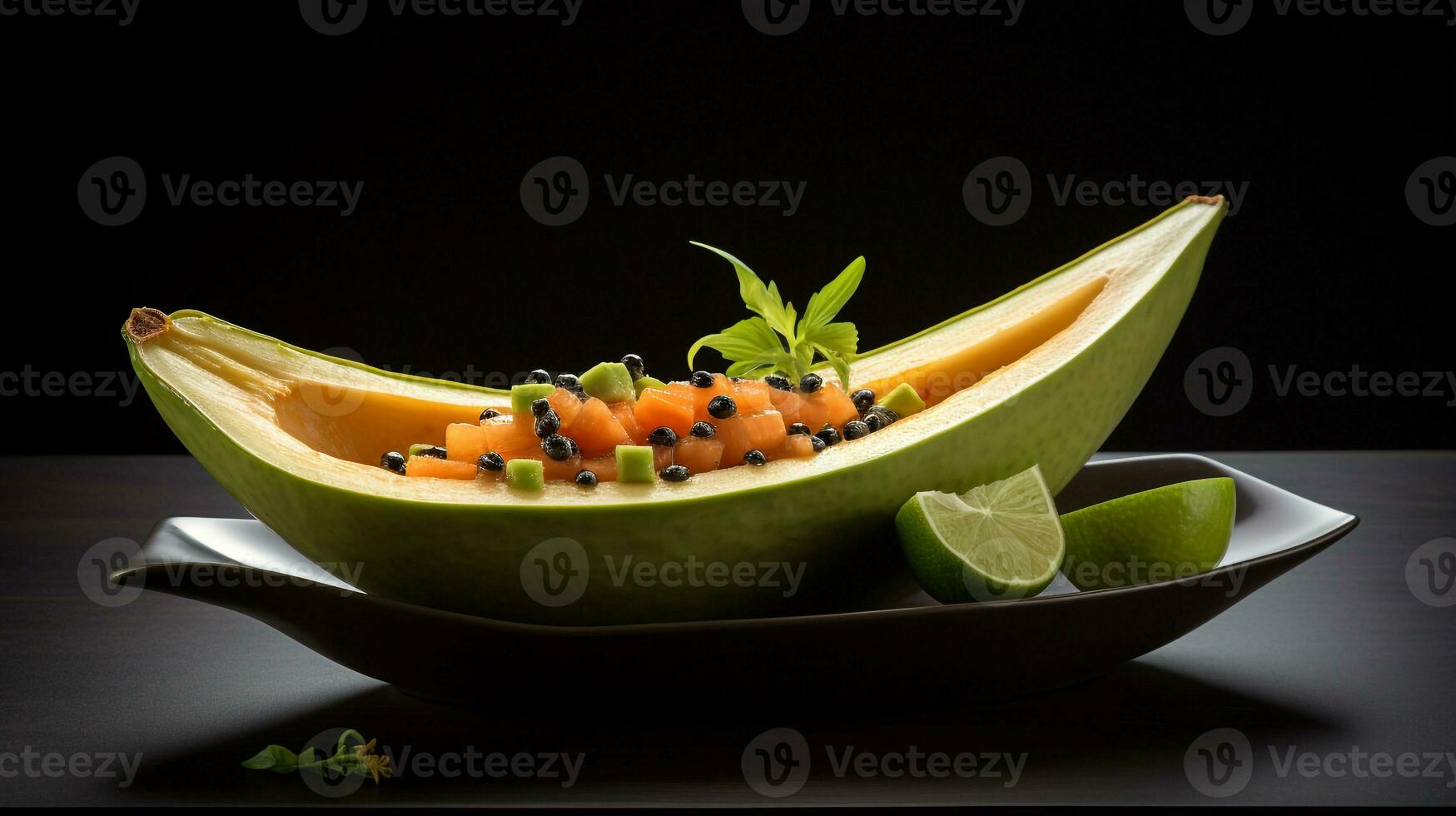 Photo of Papaya Boat with Lime as a dish in a high-end restaurant. Generative AI