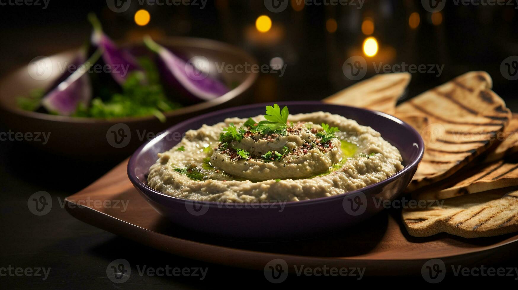 Photo of Moutabal - Eggplant Dip as a dish in a high-end restaurant. Generative AI