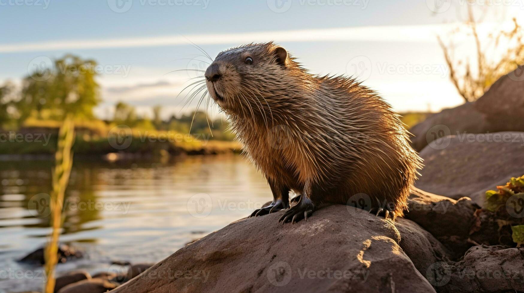 Close-up photo of a Nutria looking in their habitat. Generative AI