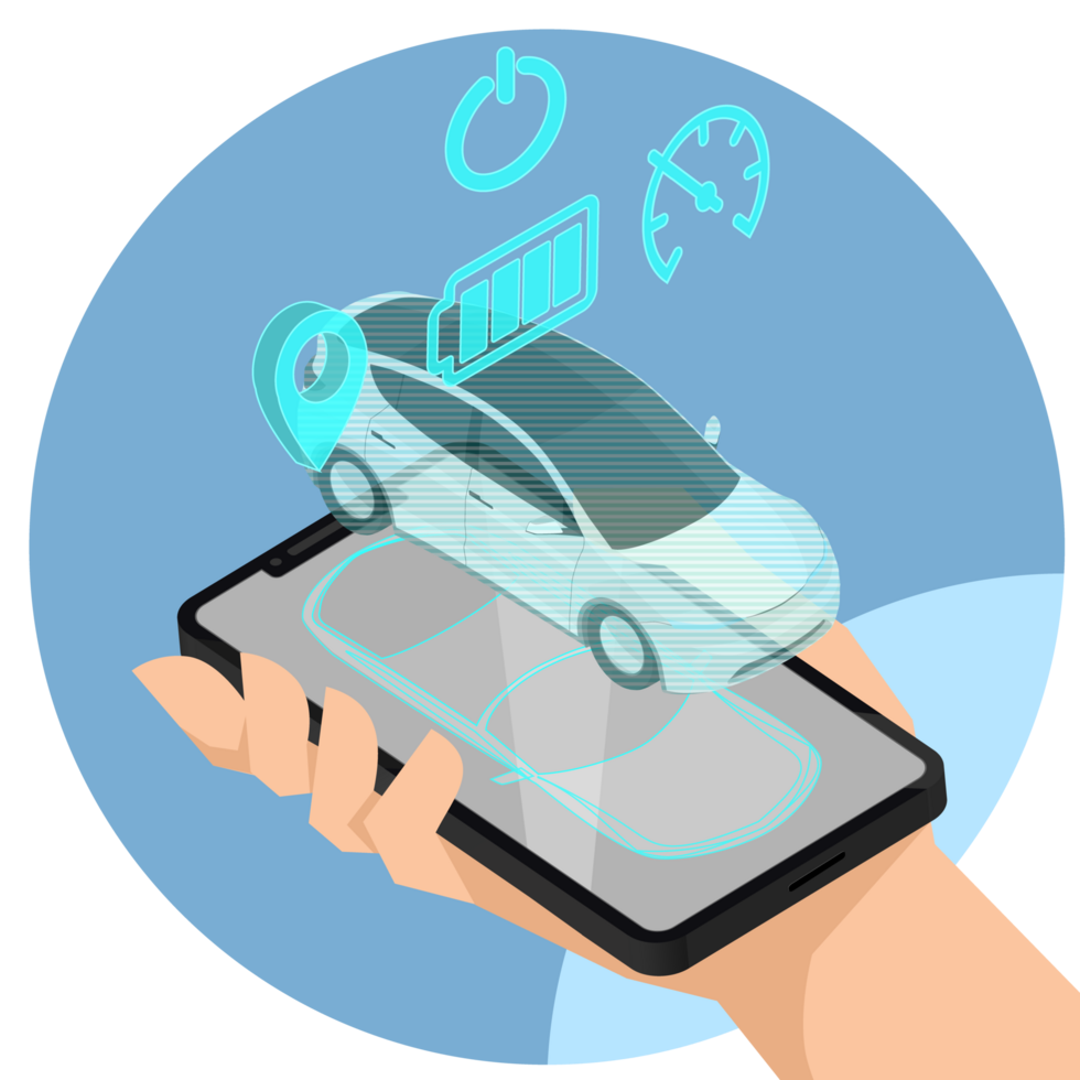 Hand holding mobile smart phone show menu control Electric Car. png