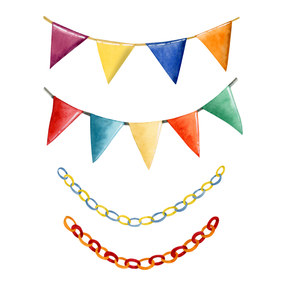 Watercolor festive flags and paper garlands illustration set with yellow, blue, red, green decor for party and holiday celebration png
