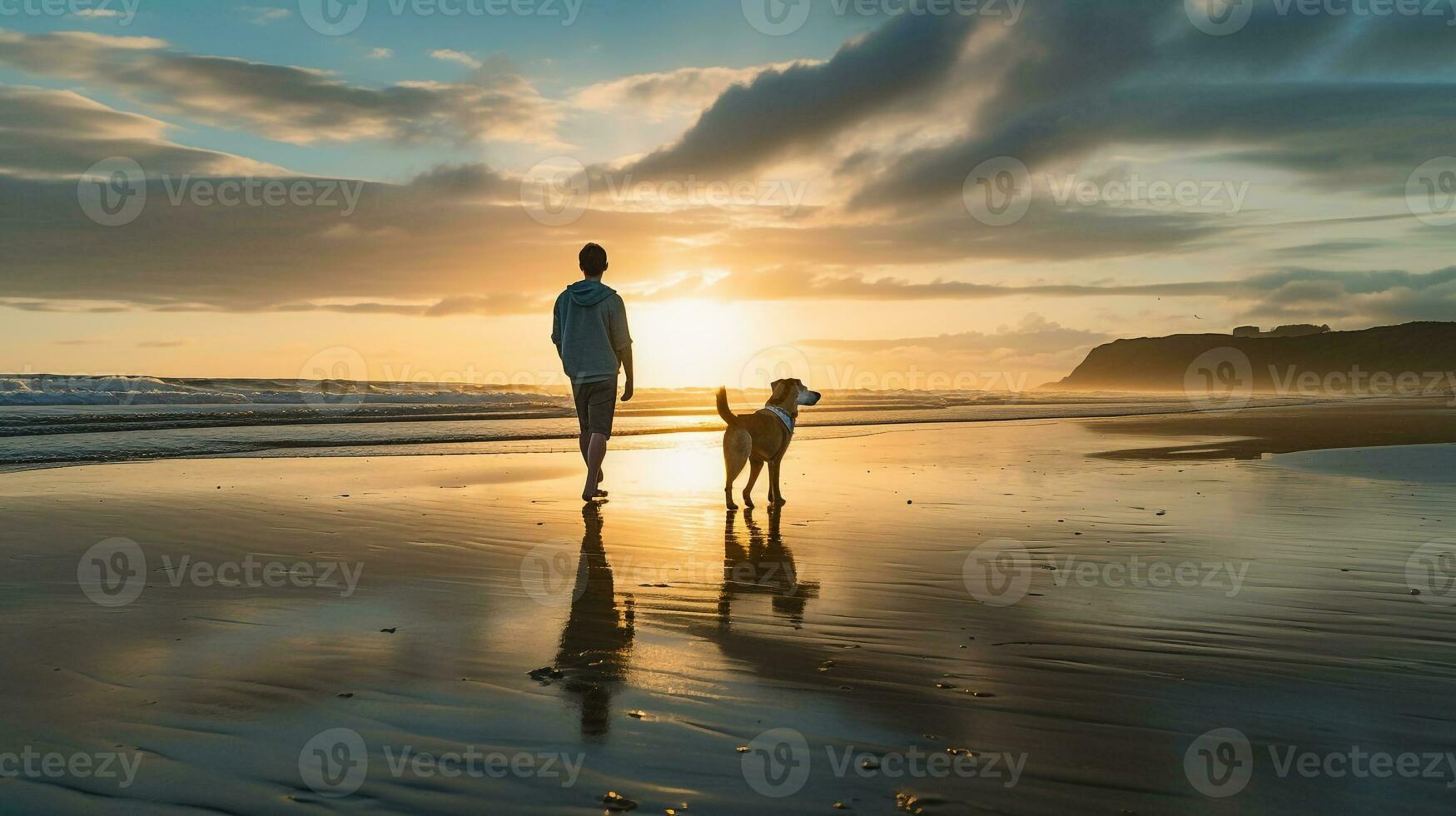 Photo of a boy walking with his pet dog on the beach in the morning. Generative AI