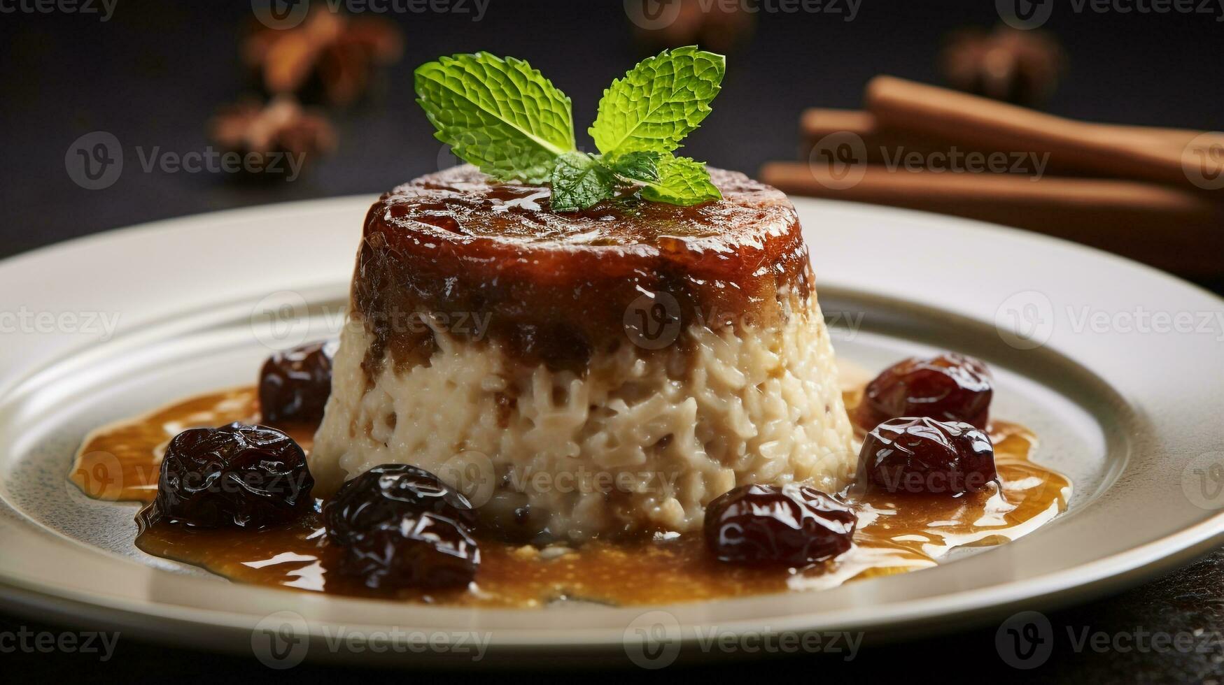 Photo of Rice and Date Pudding - Roz Bel Tamr as a dish in a high-end restaurant. Generative AI