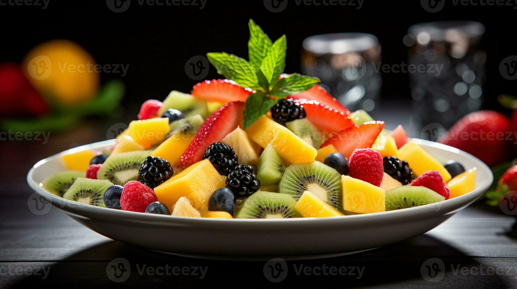 foto de Fresco Fruta ensalada como un plato en un gama alta restaurante. generativo ai