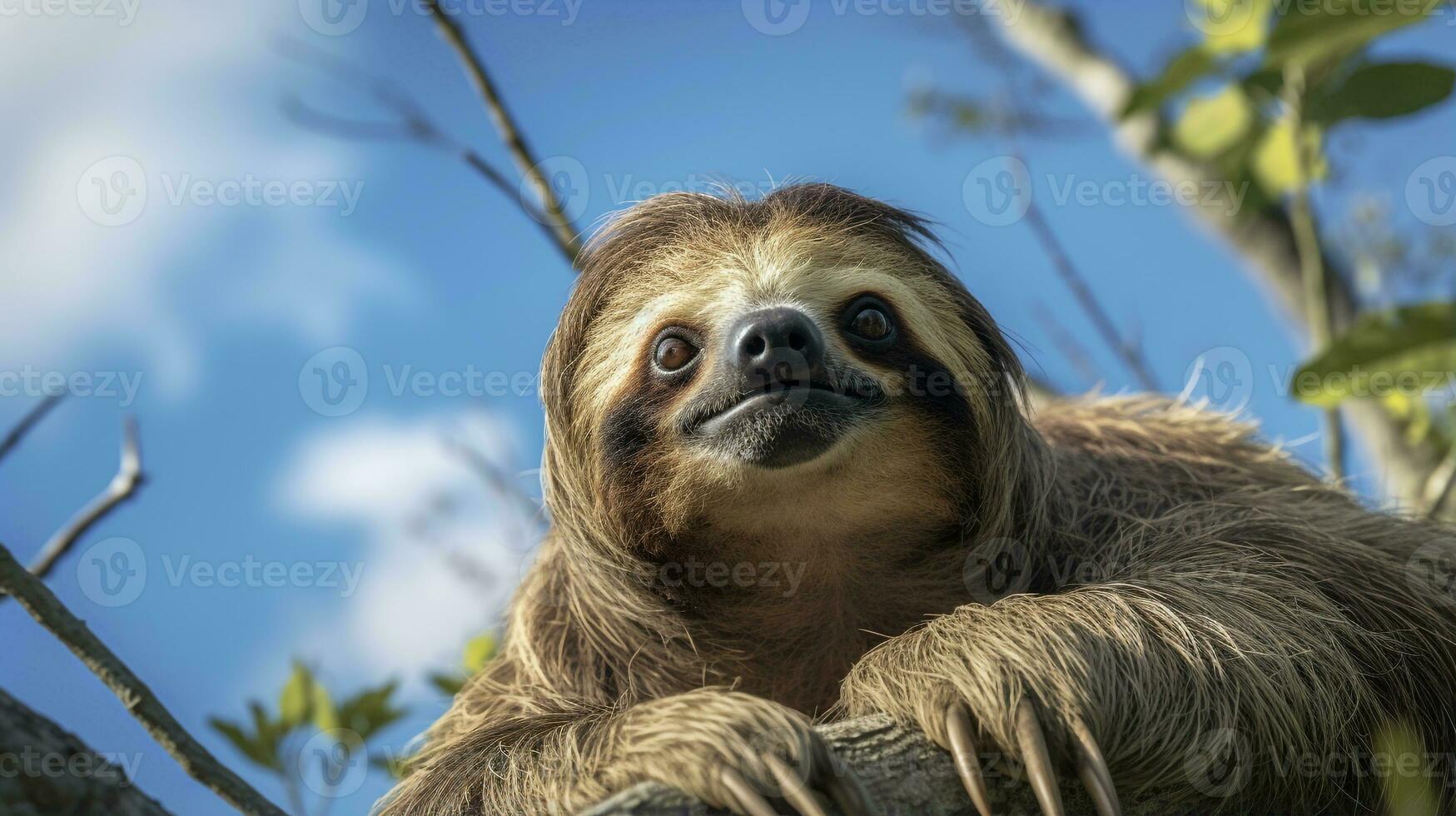 Photo of Sloth in ther forest with blue sky. Generative AI