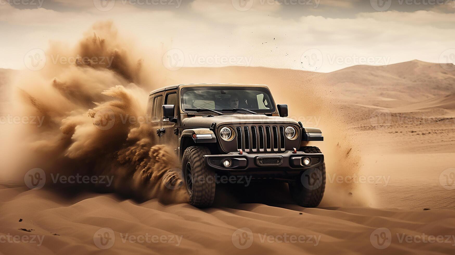 Photo of jeep driving in the desert. Generative AI