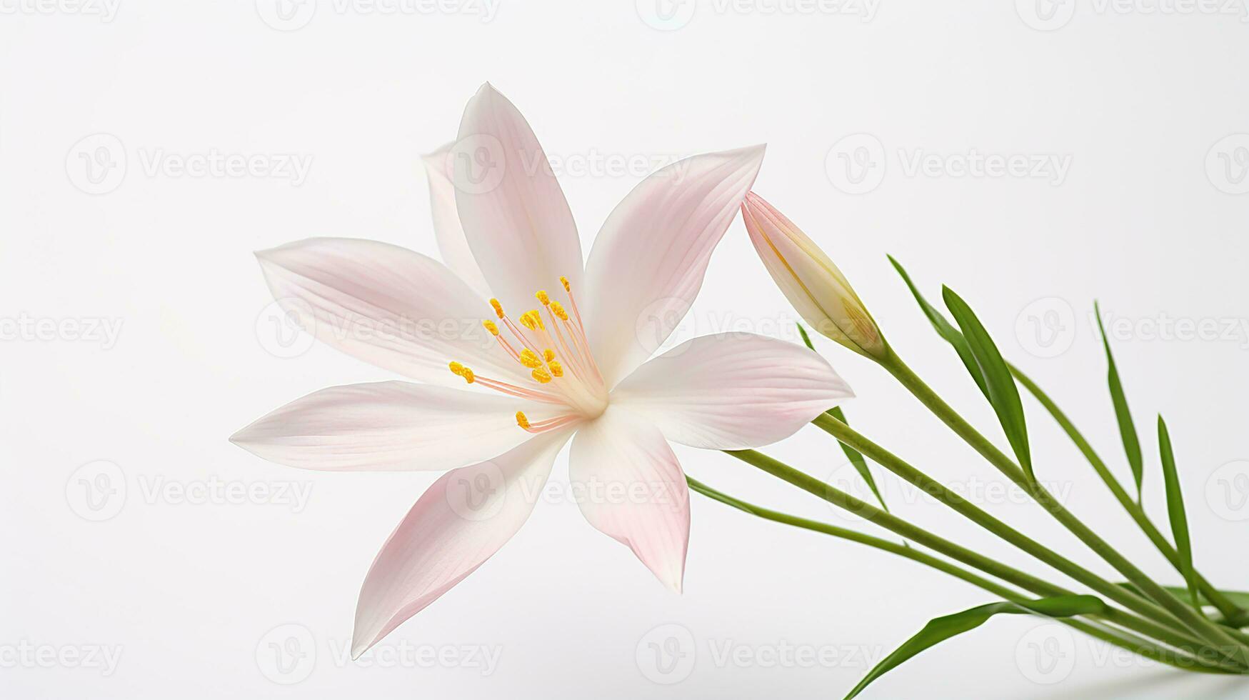 Photo of beautiful Zephyranthes flower isolated on white background. Generative AI