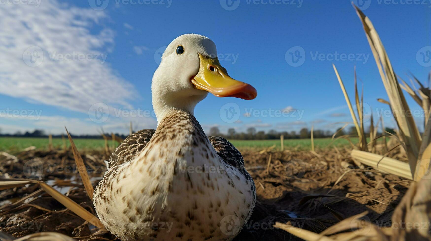 Photo of a Duck in the Farmland. Generative AI