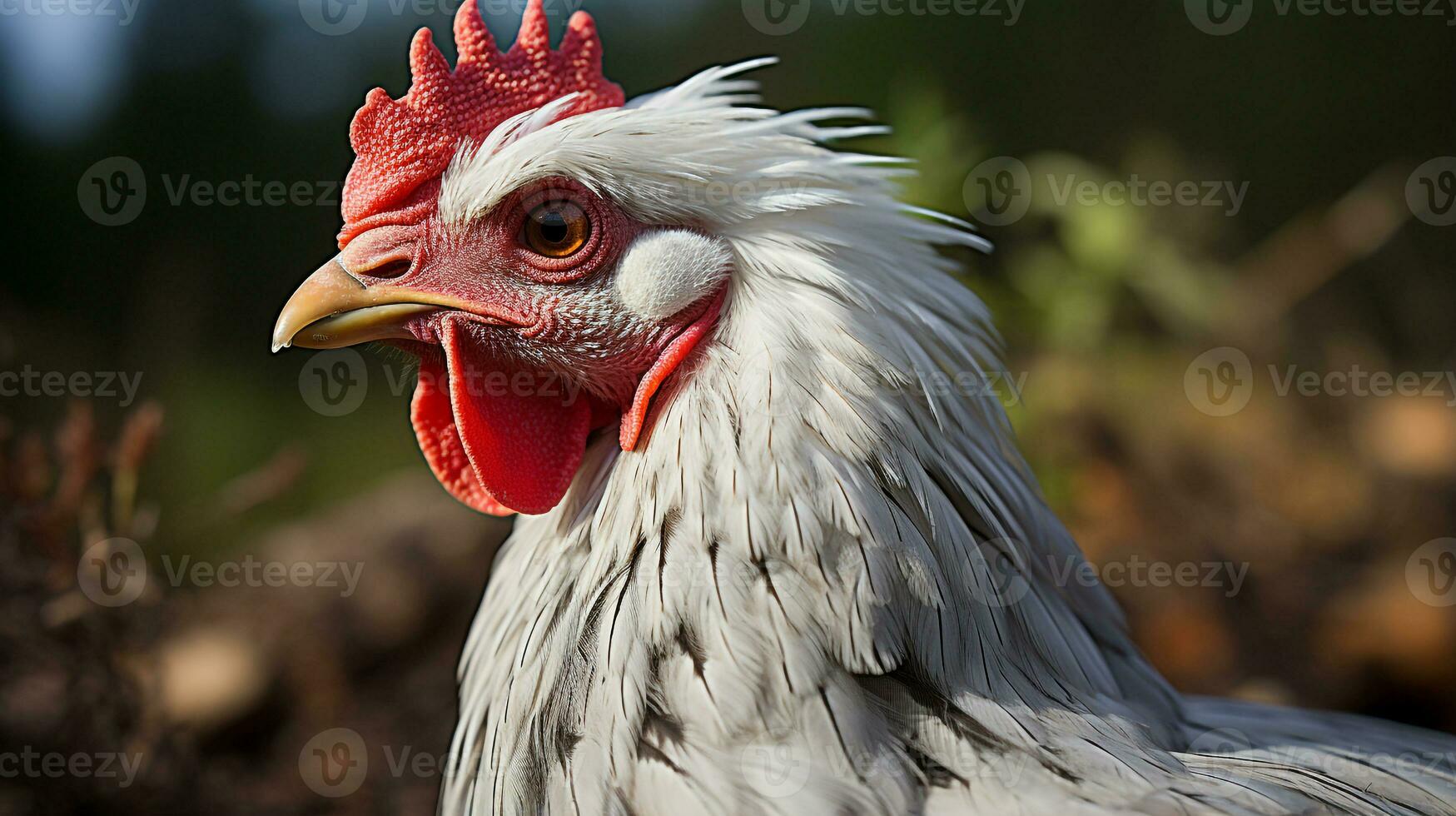 de cerca foto de un pollo mirando ninguna dirección. generativo ai