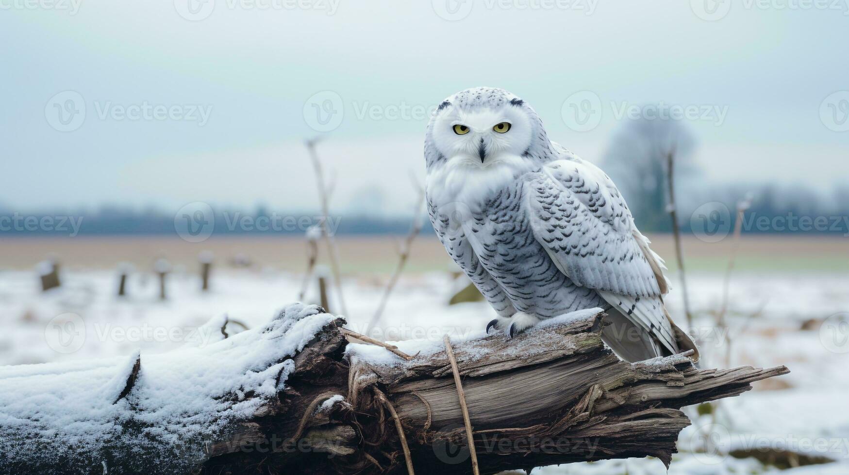 Photo of a Snowy Owl standing on a fallen tree branch at morning. Generative AI