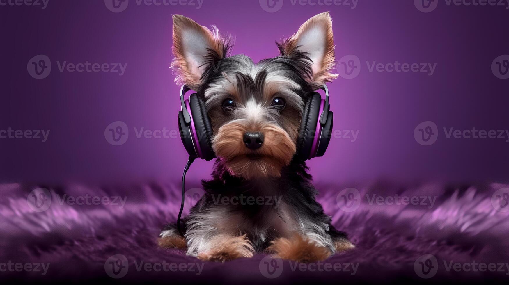 Photo of yorkshire terrier using headphone on purple background.