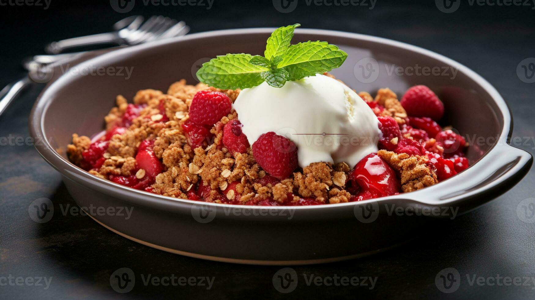 Photo of Strawberry Rhubarb Crisp as a dish in a high-end restaurant. Generative AI