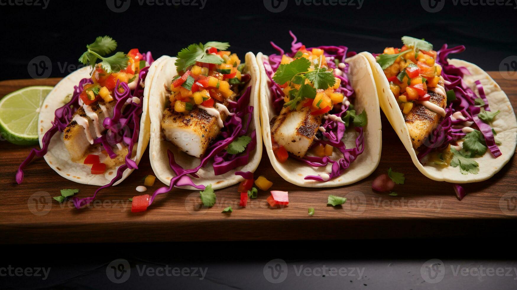 Photo of Grilled Fish Tacos as a dish in a high-end restaurant. Generative AI