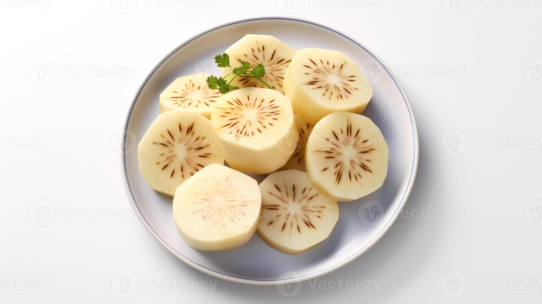 Photo of Rutabaga sliced pieces on minimalist plate isolated on white background.